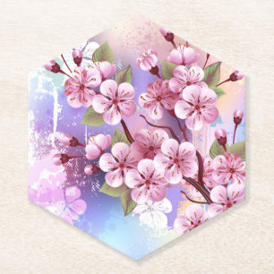 Pink Sakura on Painting Background Paper Coaster
