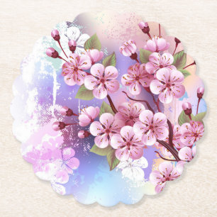Pink Sakura on Painting Background Paper Coaster