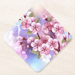 Pink Sakura on Painting Background Paper Coaster