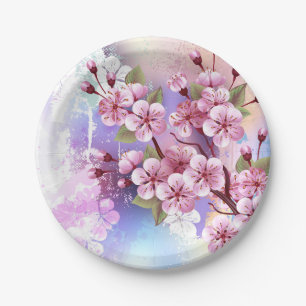 Pink Sakura on Painting Background Paper Plate