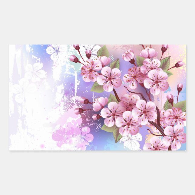 Pink Sakura on Painting Background Rectangular Sticker (Front)