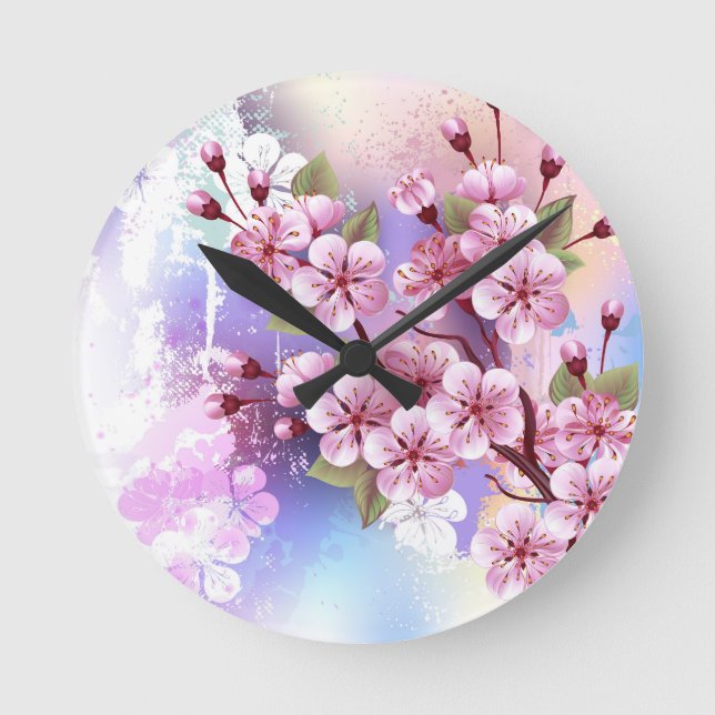 Pink Sakura on Painting Background Round Clock (Front)