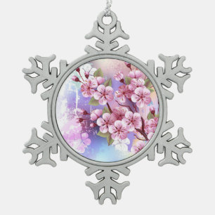 Pink Sakura on Painting Background Snowflake Pewter Christmas Ornament