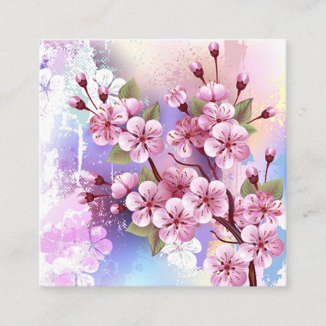 Pink Sakura on Painting Background Square Business Card (Front)