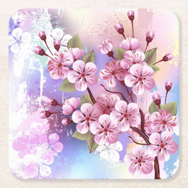 Pink Sakura on Painting Background Square Paper Coaster (Front)