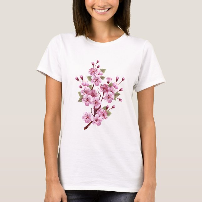 Pink Sakura on Painting Background T-Shirt (Front)
