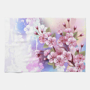 Pink Sakura on Painting Background Tea Towel