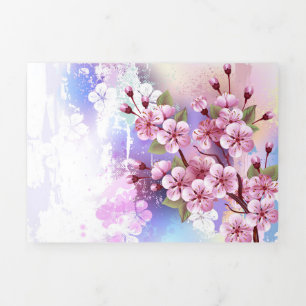 Pink Sakura on Painting Background Tri-Fold Card