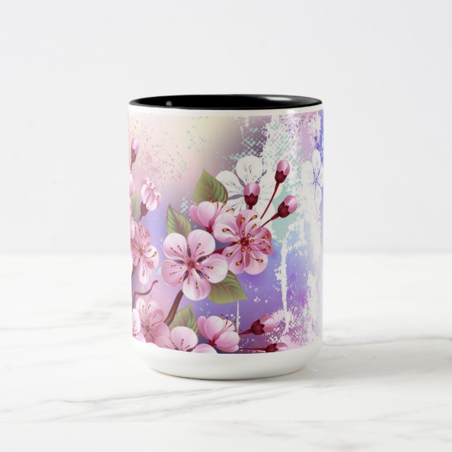 Pink Sakura on Painting Background Two-Tone Coffee Mug (Center)