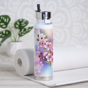 Pink Sakura on Painting Background Water Bottle