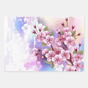 Pink Sakura on Painting Background Wrapping Paper Sheet