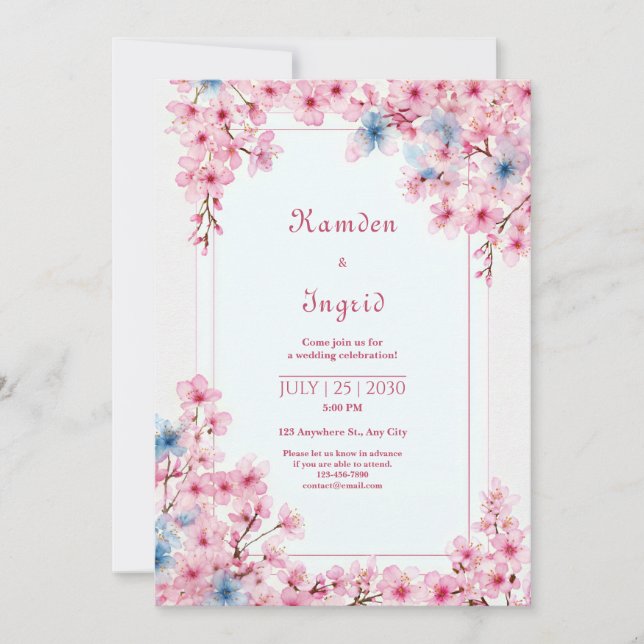 Pink Sakura Periwinkle Blue Romantic Frame Wedding Invitation (Front)