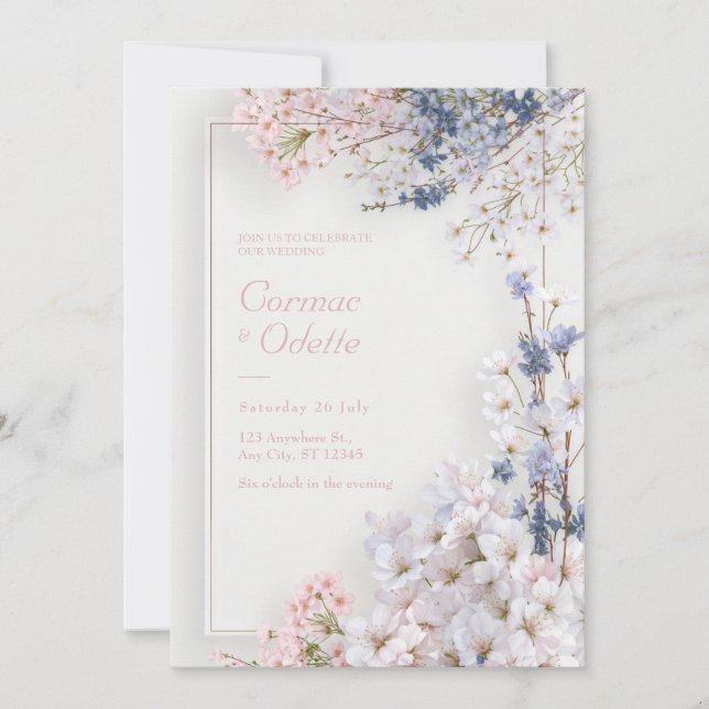 Pink Sakura Romantic Minimalist Frame Wedding Invitation (Front)