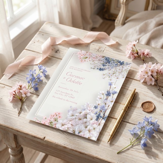 Pink Sakura Romantic Minimalist Frame Wedding Invitation (Creator Uploaded)