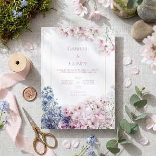 Pink Sakura Teal Leaf Gold Frame Wreath Wedding Invitation