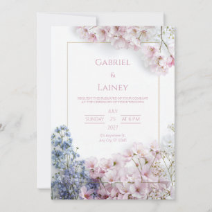 Pink Sakura Teal Leaf Gold Frame Wreath Wedding Invitation