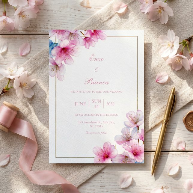 Pink Sakura Textured Paper Gold Frame Wedding Invitation (Creator Uploaded)