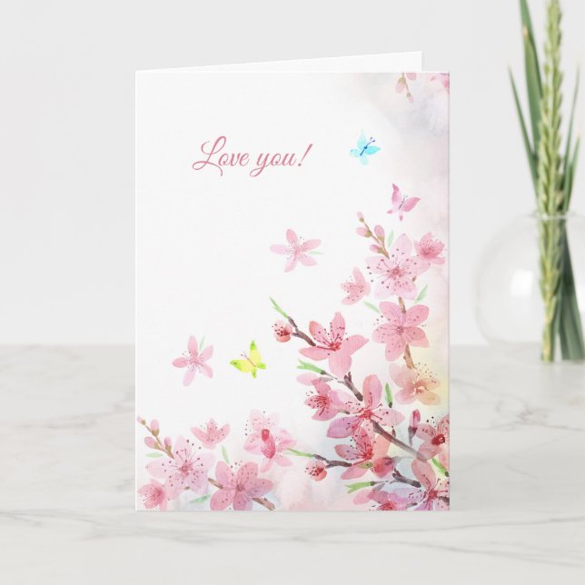 Pink Sakura Watercolor Flowers Love You Card (Front)