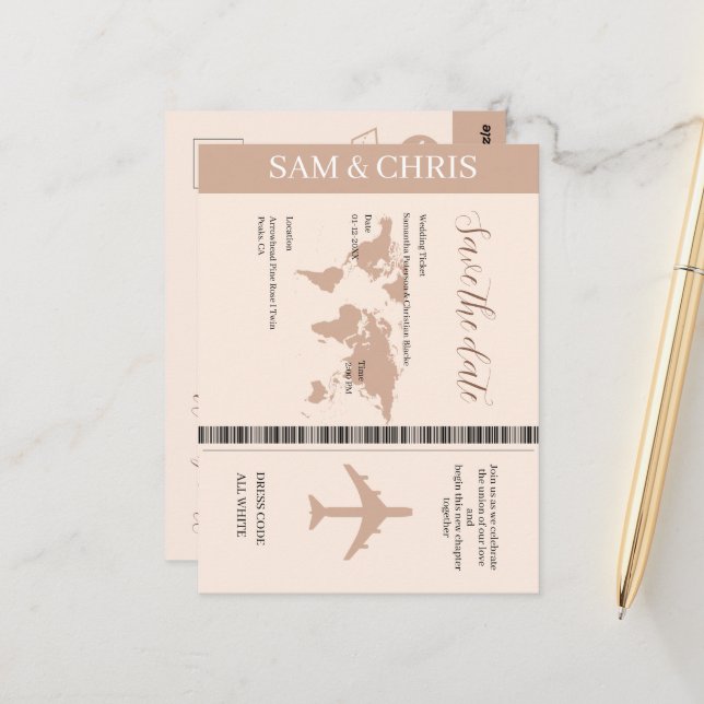 Pink Salmon Boarding Pass World Map Travel Postcard (Front/Back In Situ)