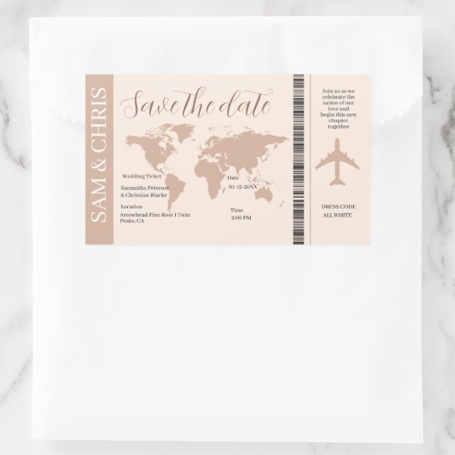 Pink Salmon Boarding Pass World Map Travel Rectangular Sticker (Bag)