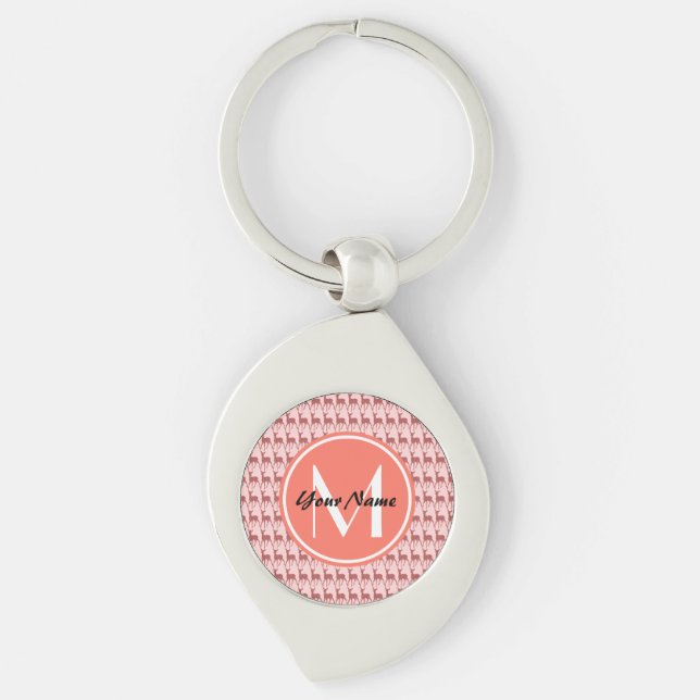 Pink Salmon Deer, Custom Monogram, Personalised Key Ring (Front)