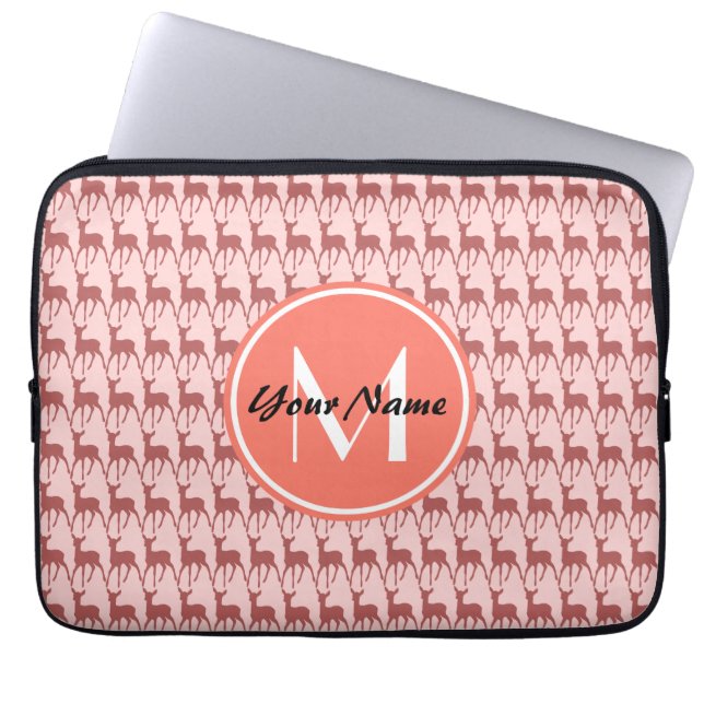 Pink Salmon Deer, Custom Monogram, Personalised Laptop Sleeve (Front)