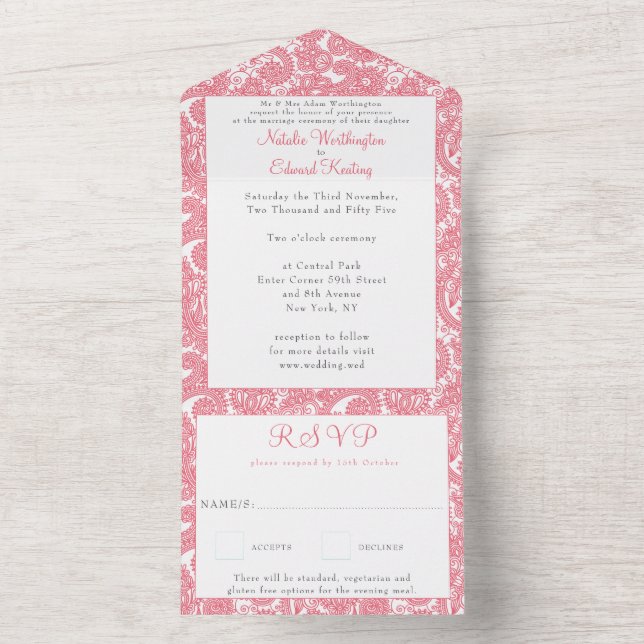 Pink Salmon Filigree Paisley Henna Wedding RSVP All In One Invitation (Inside)