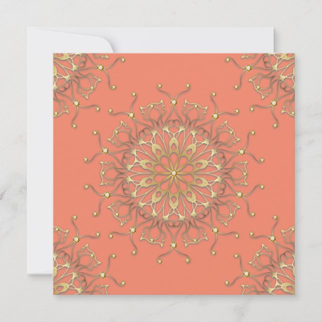 Pink Salmon & Gold Filigree Mandala With Diamonds Card (Front)