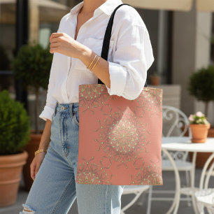 Pink Salmon & Gold Filigree Mandala With Diamonds Tote Bag