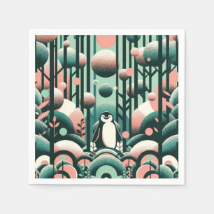 Pink Salmon Green Penguin In The Forest - 1960s Napkin
