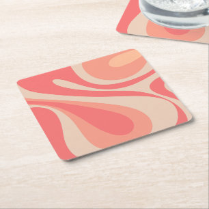 Pink Salmon Mod Swirl Pastel Abstract Aesthetic Square Paper Coaster