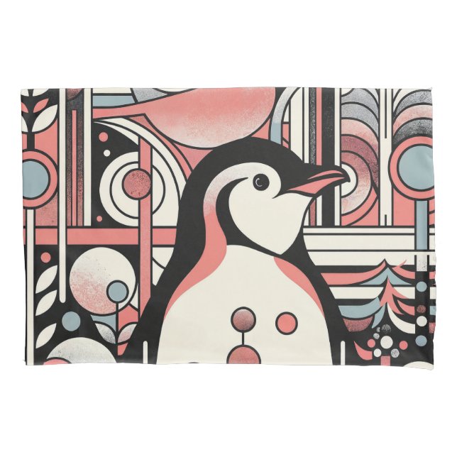 Pink Salmon Penguin Art In Geometry Retro Pastel  Pillowcase (Front)