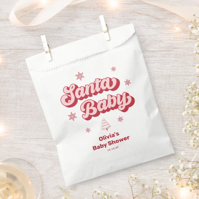 Pink  Santa Baby Christmas Baby Shower Favour Bag (Clipped)