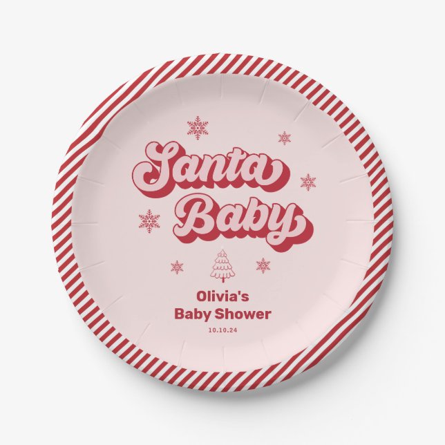 Pink Santa Baby Christmas Baby Shower Paper Plate (Front)
