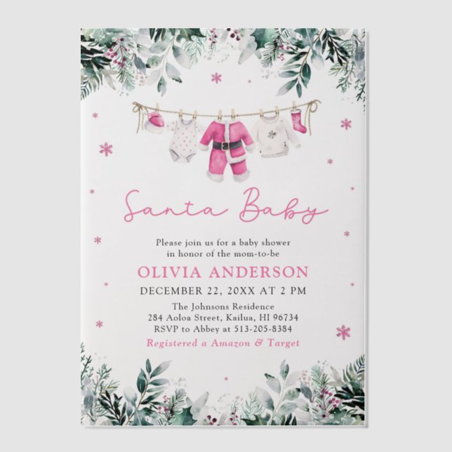 Pink Santa Baby Christmas Clothesline Baby Shower Vellum Invitations (Front)