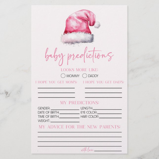 Pink Santa Baby Shower Predictions Activity Stationery (Front)