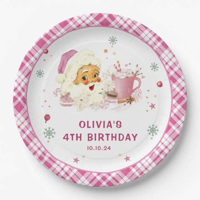 Pink Santa Christmas Cookie Birthday Party Paper Plate (Front)