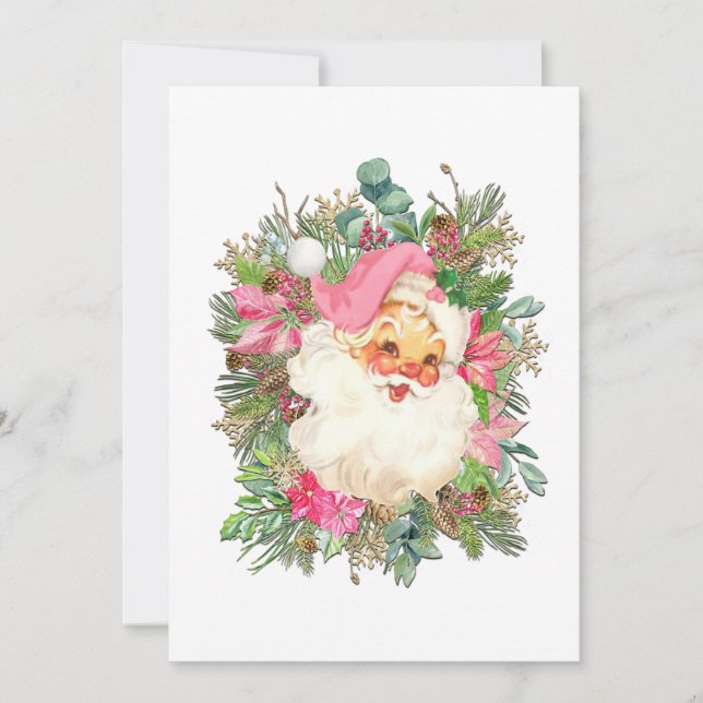 Pink Santa Claus and Floral Spray Holiday Card (Front)