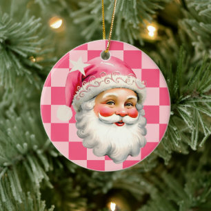 Pink Santa Claus Christmas Pink Plaid Kids Photo Ceramic Ornament