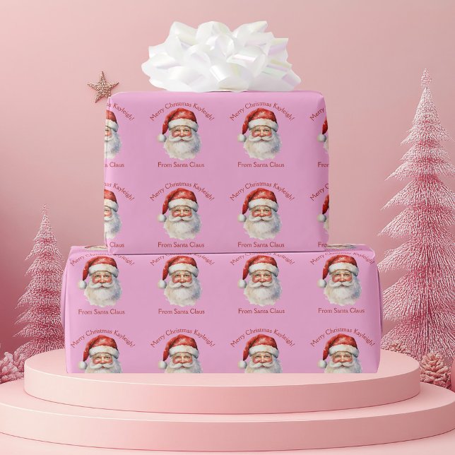 Pink Santa Claus Personalised Girls Christmas Wrapping Paper (Creator Uploaded)
