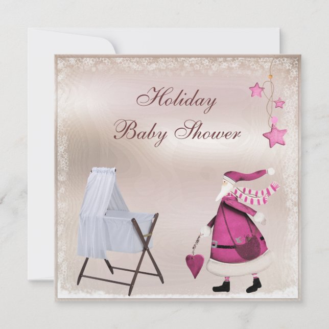 Pink Santa & Crib Girl's Holiday Baby Shower Invitation (Front)