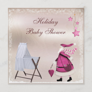 Pink Santa & Crib Girl's Holiday Baby Shower Invitation