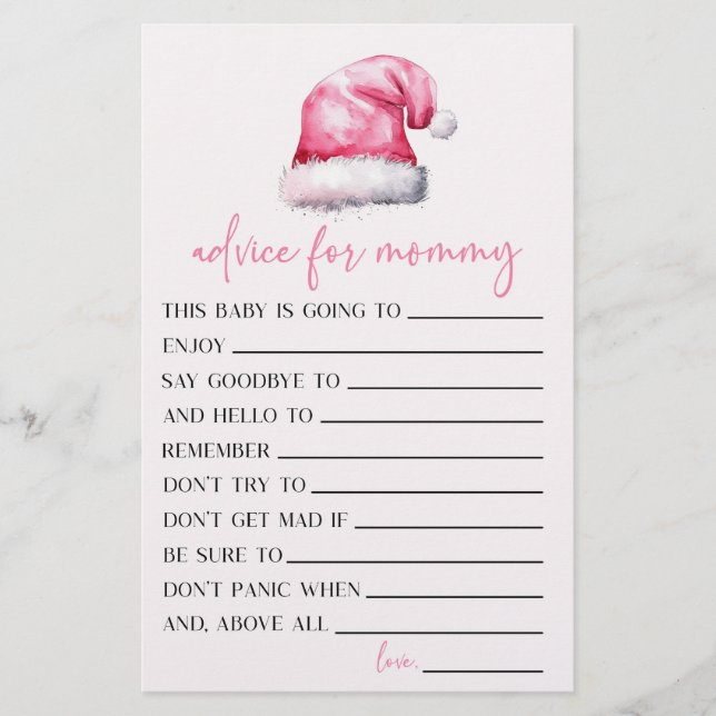 Pink Santa Hat Advice Baby Shower Game Activity Stationery (Front)