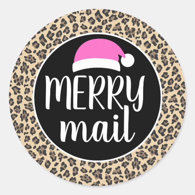 Pink Santa Hat Animal Print Leopard Merry Mail Classic Round Sticker (Front)