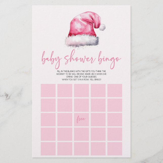 Pink Santa Hat Christmas Bingo Baby Shower Game Stationery (Front)
