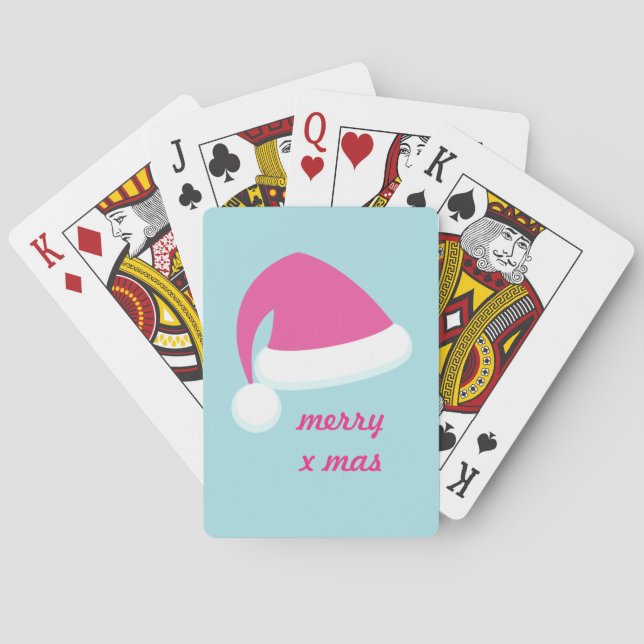 Pink Santa Hat on Turquoise Playing Cards (Back)