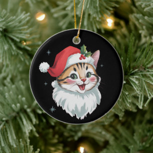 Pink Santa Hat Retro Cute Kitty Cat Christmas  Ceramic Ornament