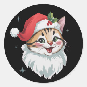 Pink Santa Hat Retro Cute Kitty Cat Christmas Classic Round Sticker