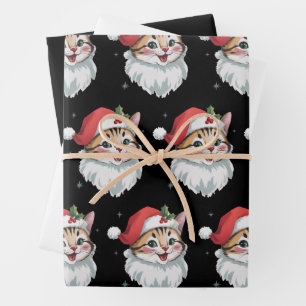 Pink Santa Hat Retro Cute Kitty Cat Christmas Wrapping Paper Sheet