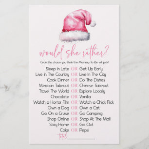 Pink Santa Hat Would She Rather Baby Shower Game Stationery